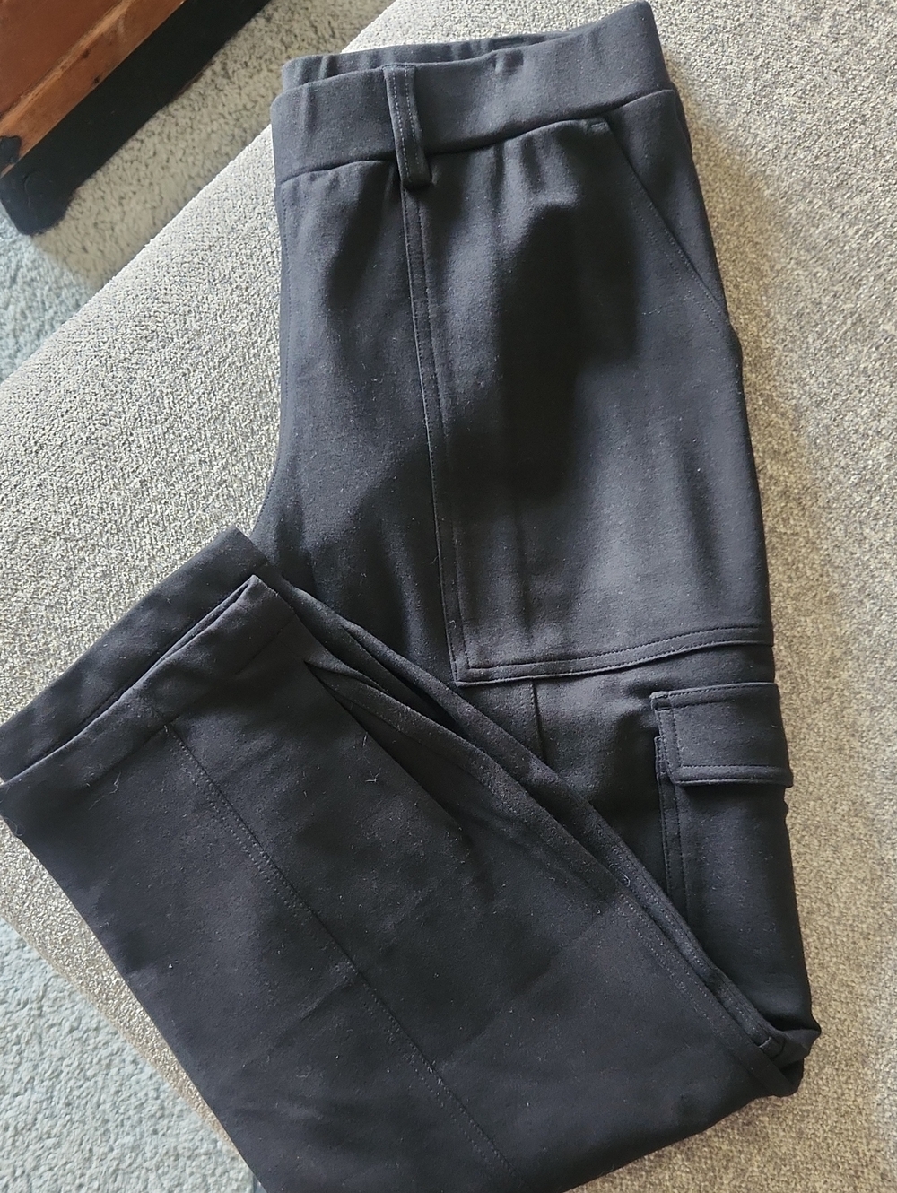 Quince Women's Pull-On Straight Black Pants With Cargo Pockets, Pleated Details